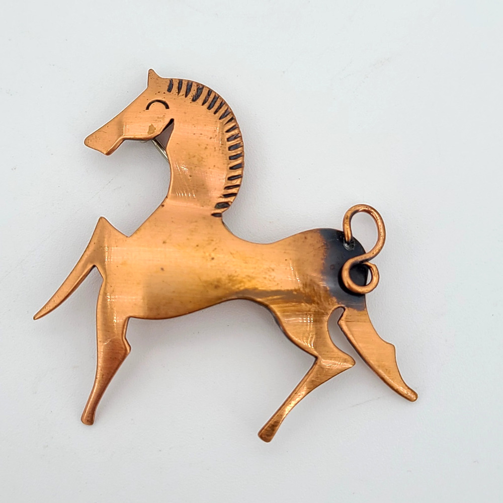 Mid-Century Prancing Horse Pin Brooch Copper Otto Robert Bade ORB Handwrought